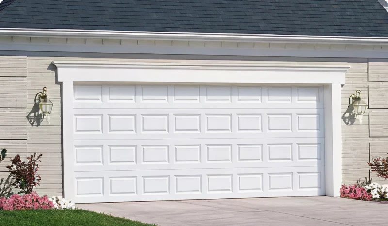 Closed garage door on sunny day